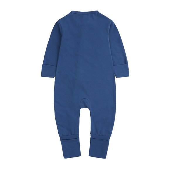 NWT*BABY ROMPER Long Sleeve Blue Cotton Mitted Footed Double Zipper Bodysuit Boy - Picture 3 of 15